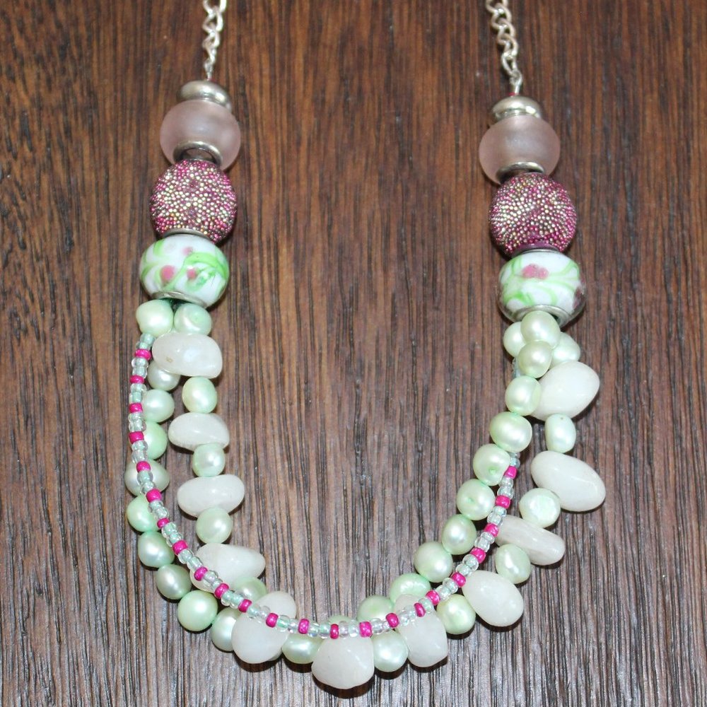 Handmade Bead Necklace on Silver Chain 25"